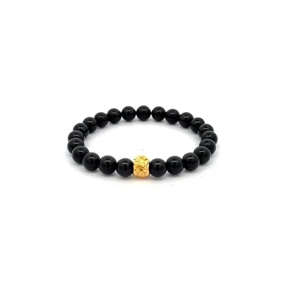 18K Gold Charm Bracelet Natural Black Tourmaline Gemstones 6mm Money Bag - Picture 1 of 5